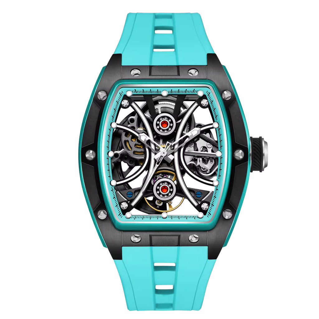 Men's Automatic Tonneau Sport Watch - Tactical Orange & Blue Forged Style Skeleton Timepiece