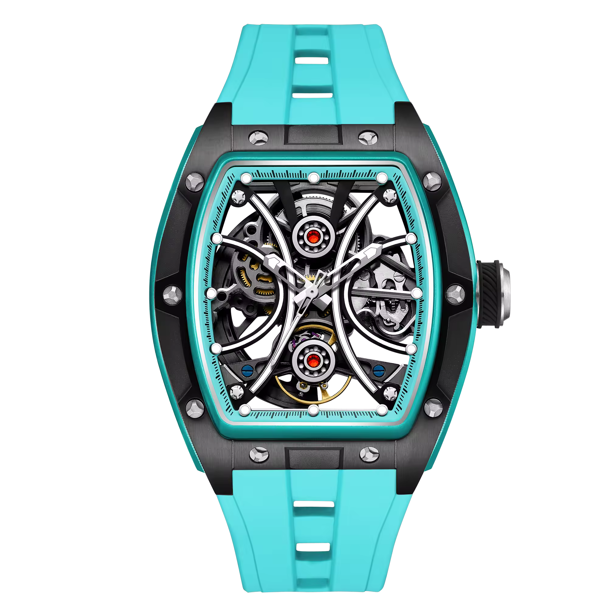 Men's Automatic Tonneau Sport Watch - Tactical Orange & Blue Forged Style Skeleton Timepiece