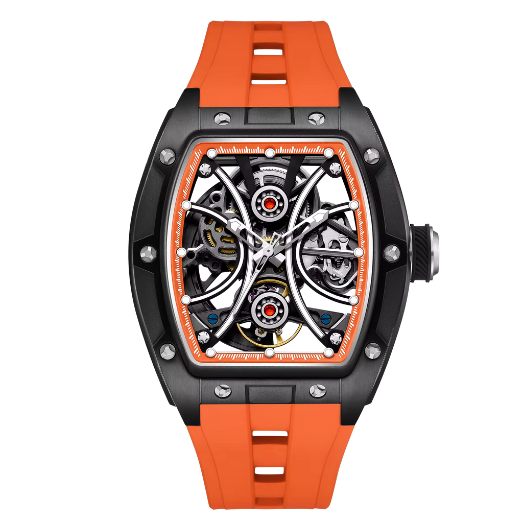 Men's Automatic Tonneau Sport Watch - Tactical Orange & Blue Forged Style Skeleton Timepiece