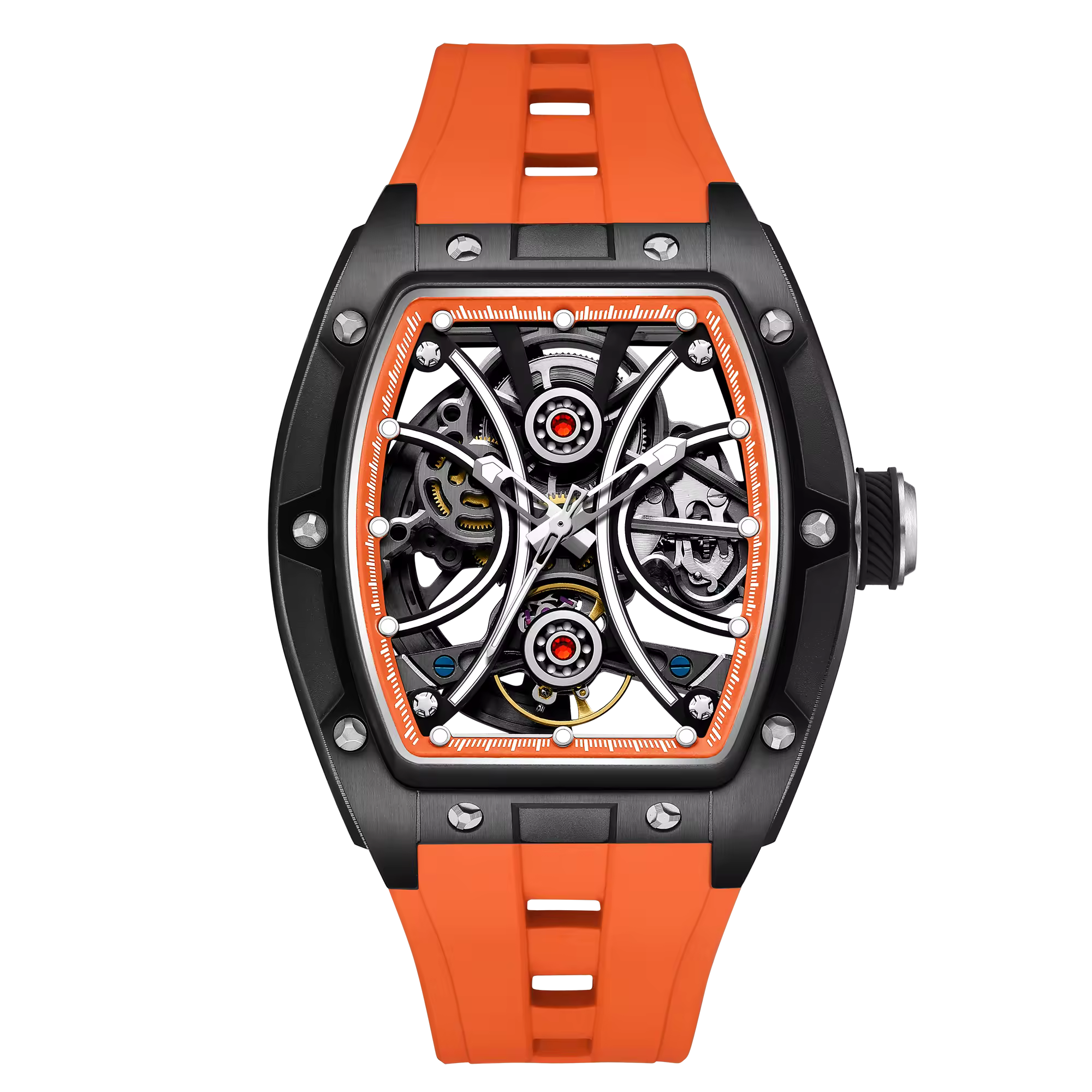 Men's Automatic Tonneau Sport Watch - Tactical Orange & Blue Forged Style Skeleton Timepiece