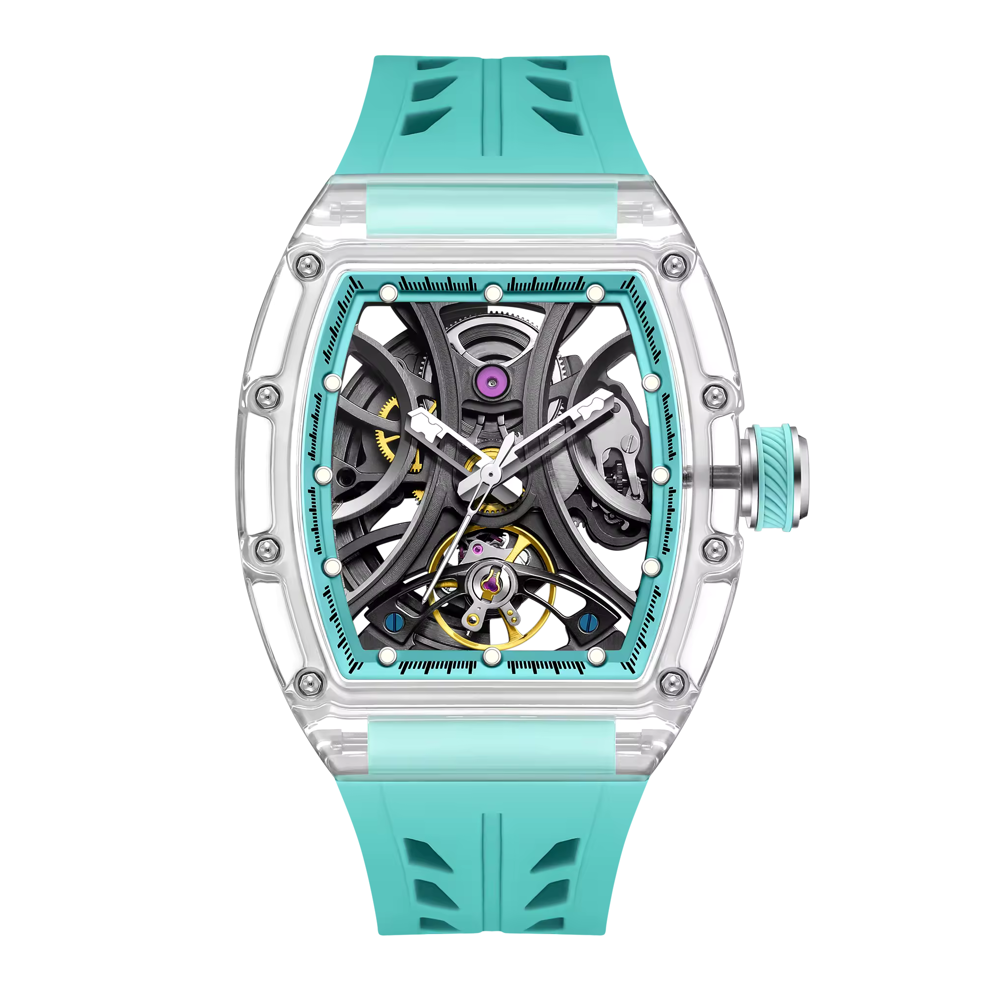 Men's Luxury Transparent Tonneau Watch - Crystal Skeleton Dial Mechanical Timepiece