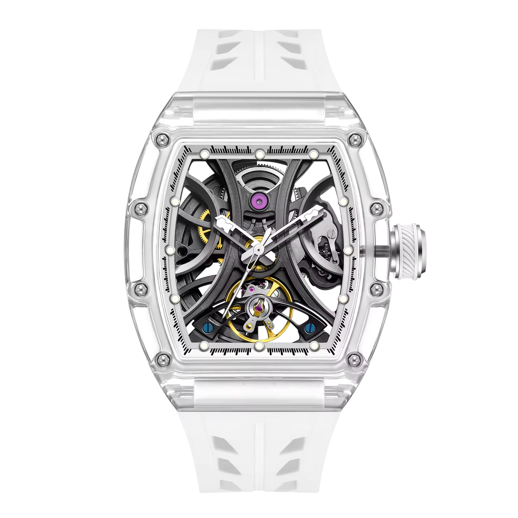 Men's Luxury Transparent Tonneau Watch - Crystal Skeleton Dial Mechanical Timepiece