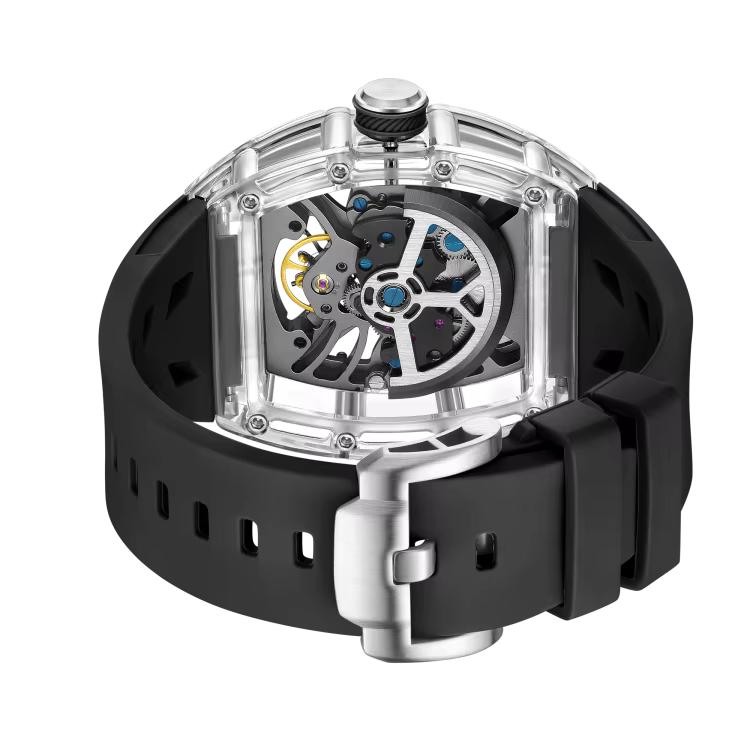 Men's Luxury Transparent Tonneau Watch - Crystal Skeleton Dial Mechanical Timepiece
