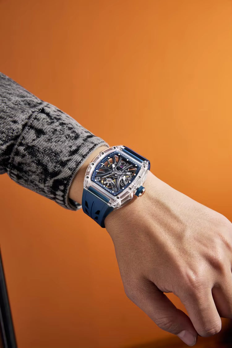 Men's Luxury Transparent Tonneau Watch - Crystal Skeleton Dial Mechanical Timepiece