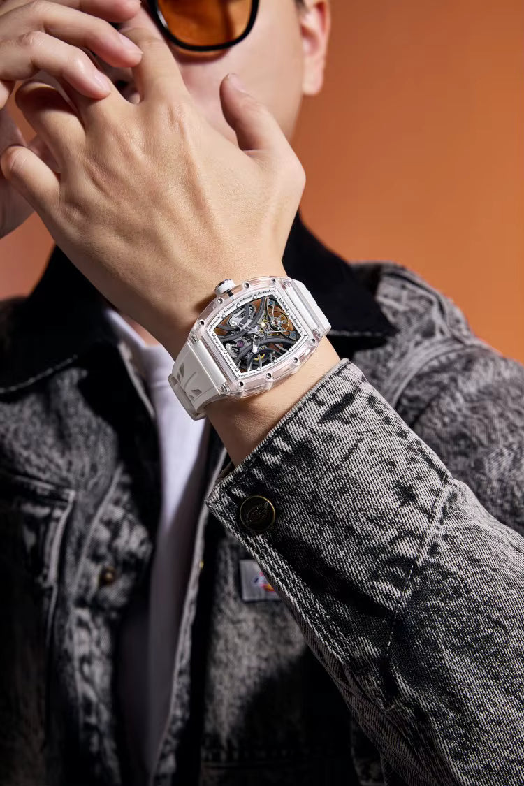 Men's Luxury Transparent Tonneau Watch - Crystal Skeleton Dial Mechanical Timepiece