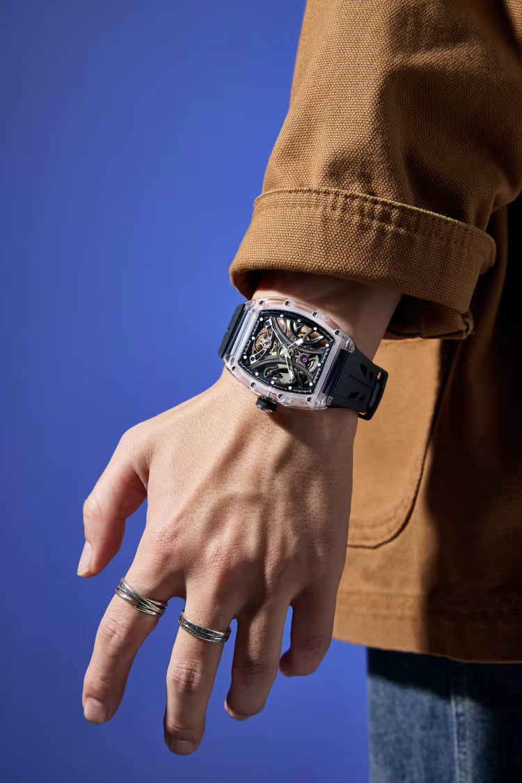 Men's Luxury Transparent Tonneau Watch - Crystal Skeleton Dial Mechanical Timepiece