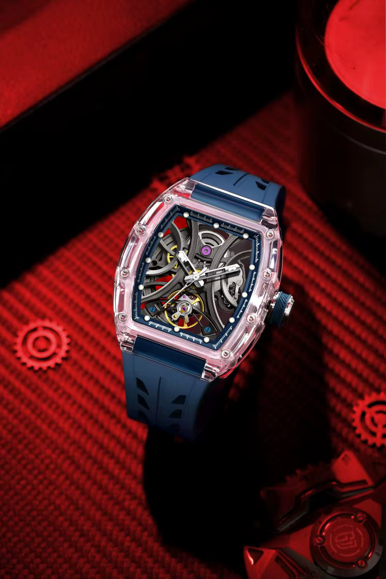 Men's Luxury Transparent Tonneau Watch - Crystal Skeleton Dial Mechanical Timepiece