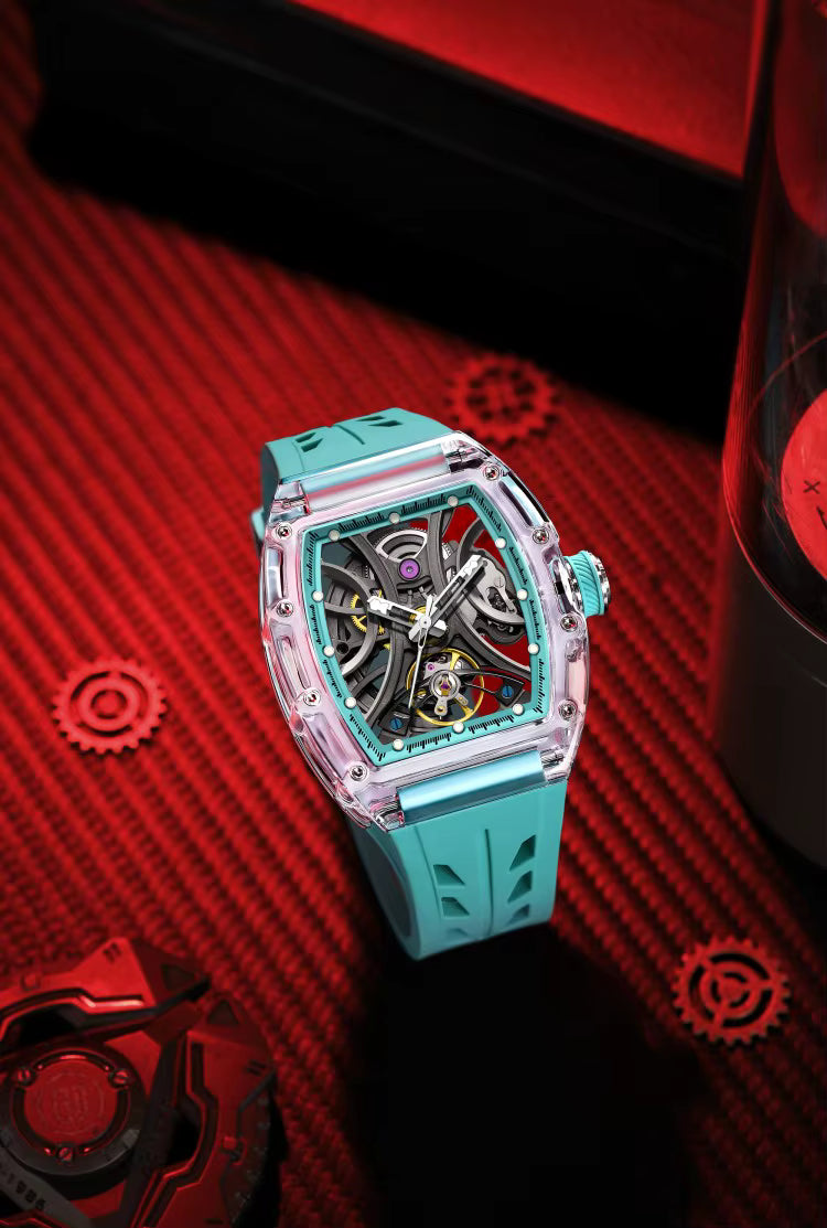 Men's Luxury Transparent Tonneau Watch - Crystal Skeleton Dial Mechanical Timepiece