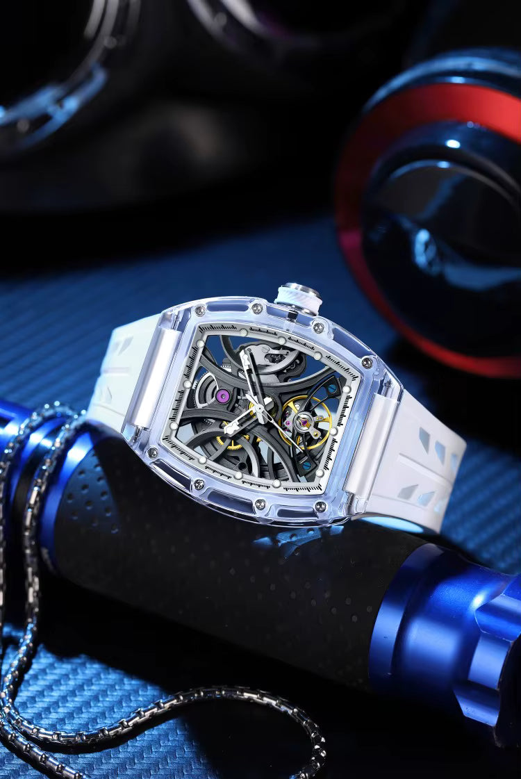Men's Luxury Transparent Tonneau Watch - Crystal Skeleton Dial Mechanical Timepiece