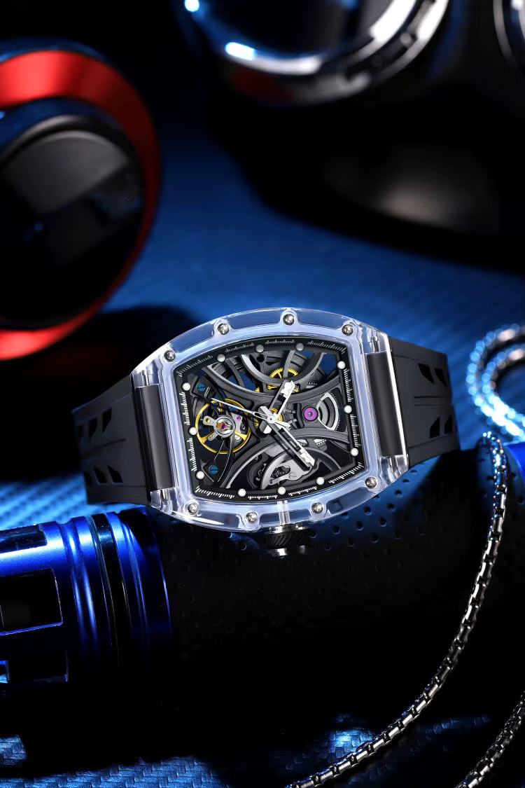 Men's Luxury Transparent Tonneau Watch - Crystal Skeleton Dial Mechanical Timepiece