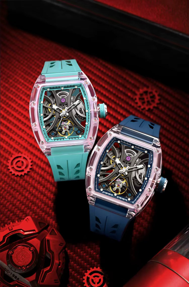 Men's Luxury Transparent Tonneau Watch - Crystal Skeleton Dial Mechanical Timepiece