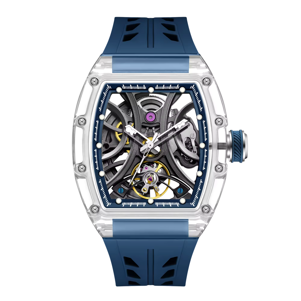 Men's Luxury Transparent Tonneau Watch - Crystal Skeleton Dial Mechanical Timepiece