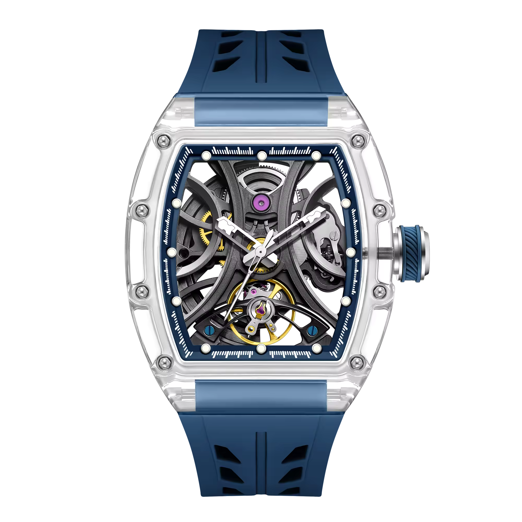 Men's Luxury Transparent Tonneau Watch - Crystal Skeleton Dial Mechanical Timepiece
