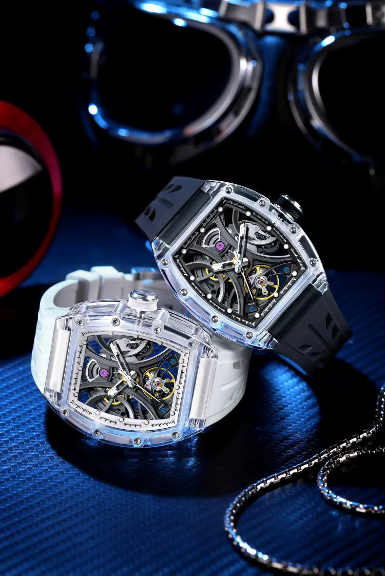 Men's Luxury Transparent Tonneau Watch - Crystal Skeleton Dial Mechanical Timepiece