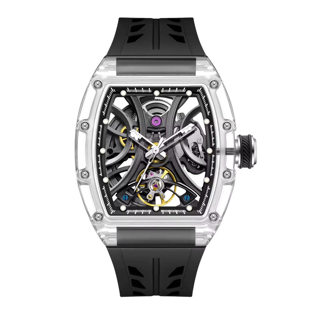 Men's Luxury Transparent Tonneau Watch - Crystal Skeleton Dial Mechanical Timepiece
