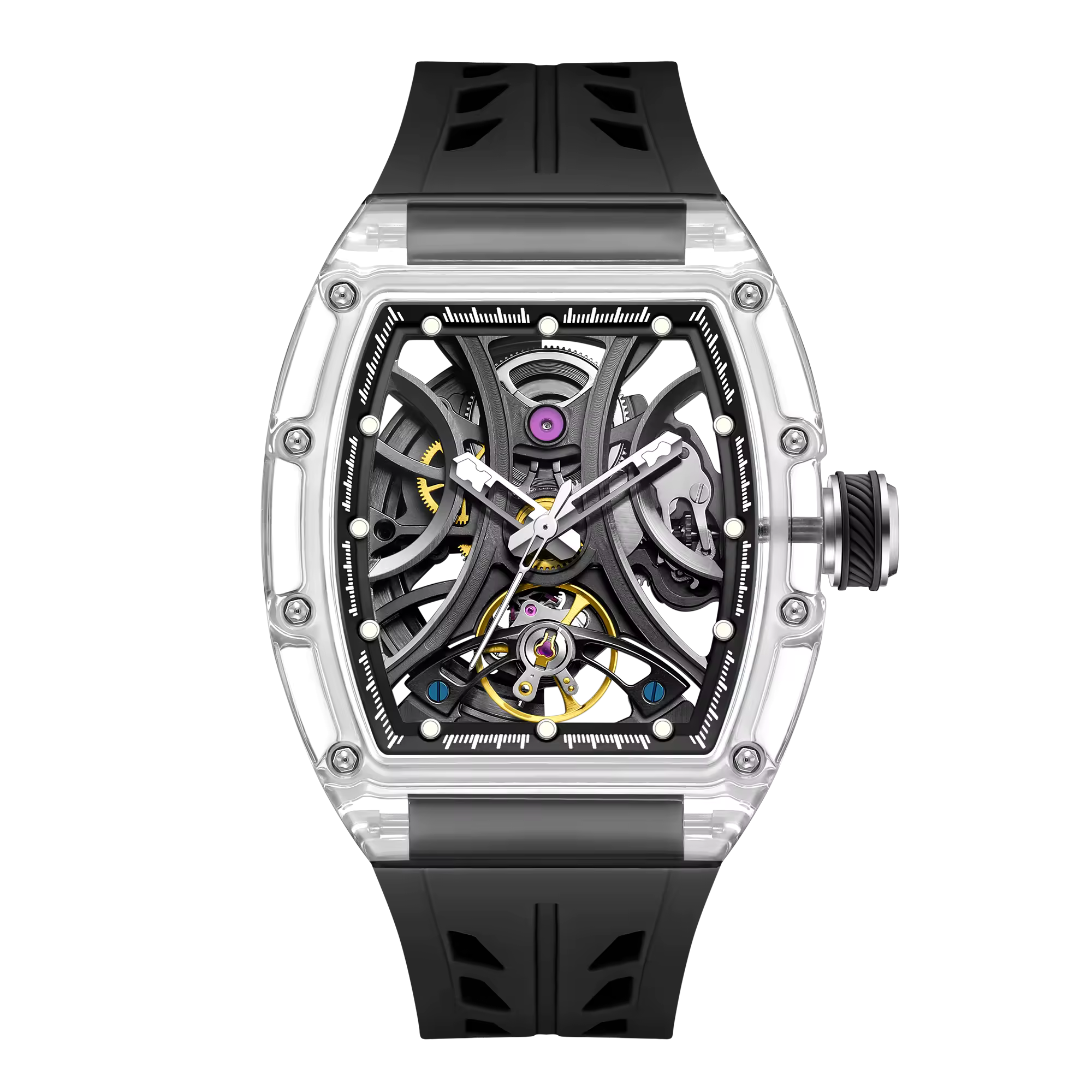 Men's Luxury Transparent Tonneau Watch - Crystal Skeleton Dial Mechanical Timepiece