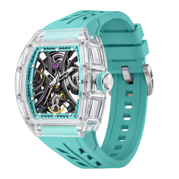 Men's Luxury Transparent Tonneau Watch - Crystal Skeleton Dial Mechanical Timepiece
