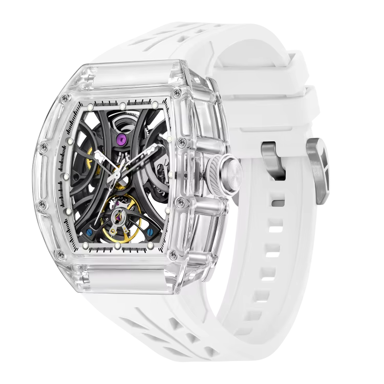Men's Luxury Transparent Tonneau Watch - Crystal Skeleton Dial Mechanical Timepiece