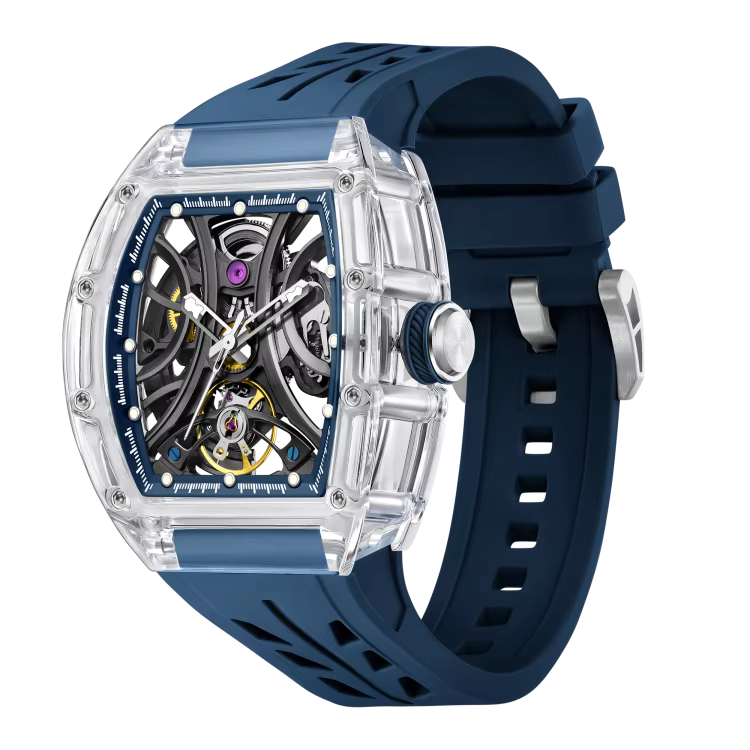 Men's Luxury Transparent Tonneau Watch - Crystal Skeleton Dial Mechanical Timepiece