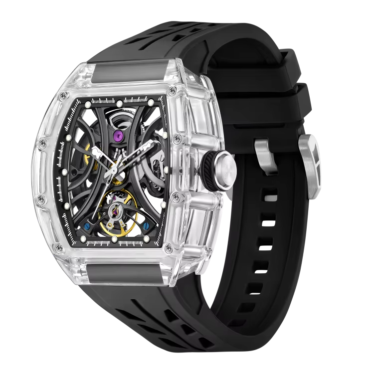 Men's Luxury Transparent Tonneau Watch - Crystal Skeleton Dial Mechanical Timepiece