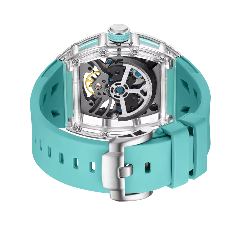 Men's Luxury Transparent Tonneau Watch - Crystal Skeleton Dial Mechanical Timepiece