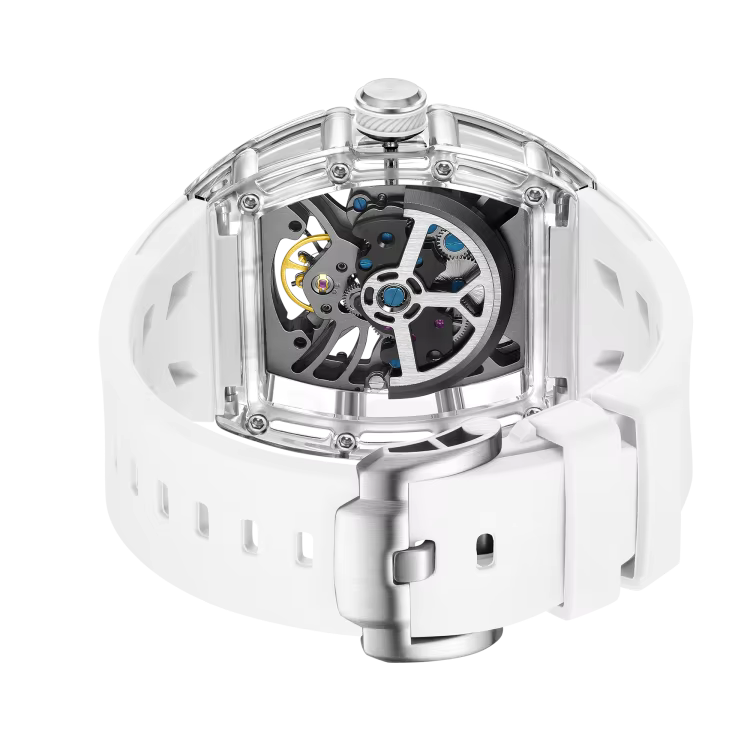 Men's Luxury Transparent Tonneau Watch - Crystal Skeleton Dial Mechanical Timepiece