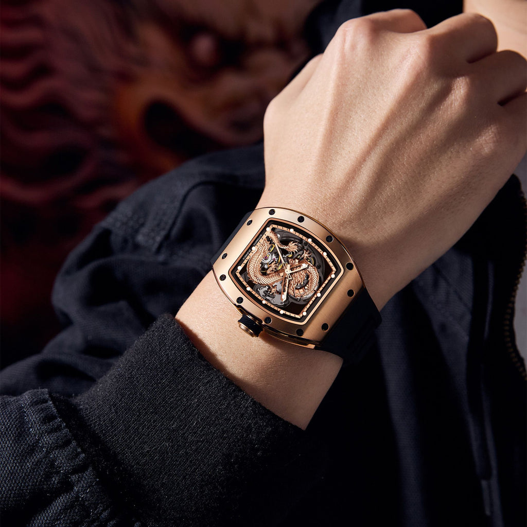 Mechanical Watch for Men | 3D Sculpted Dragon Premium Brushed Steel Tonneau Case, 25 Jewels Automatic Skeleton Movement