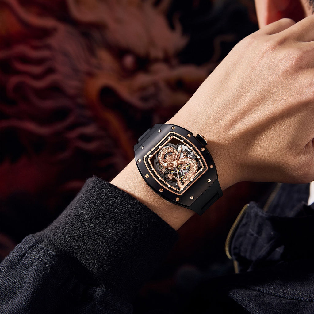 Mechanical Watch for Men | 3D Sculpted Dragon Premium Brushed Steel Tonneau Case, 25 Jewels Automatic Skeleton Movement