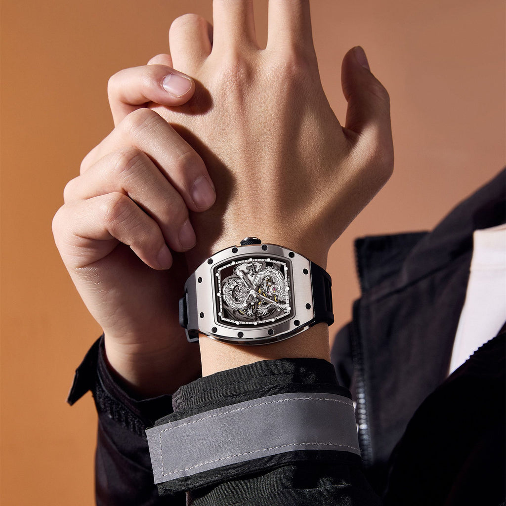 Mechanical Watch for Men | 3D Sculpted Dragon Premium Brushed Steel Tonneau Case, 25 Jewels Automatic Skeleton Movement