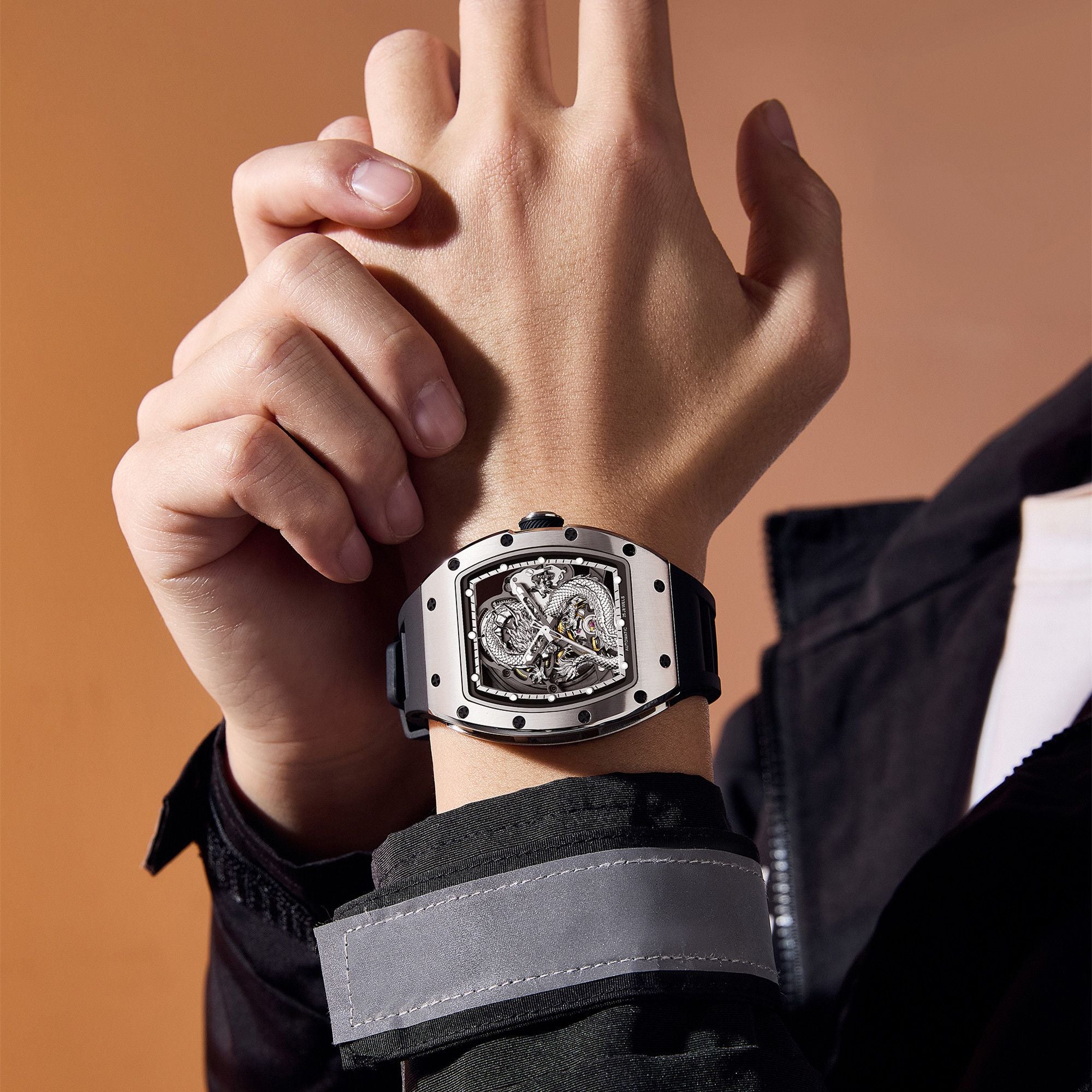 Mechanical Watch for Men | 3D Sculpted Dragon Premium Brushed Steel Tonneau Case, 25 Jewels Automatic Skeleton Movement