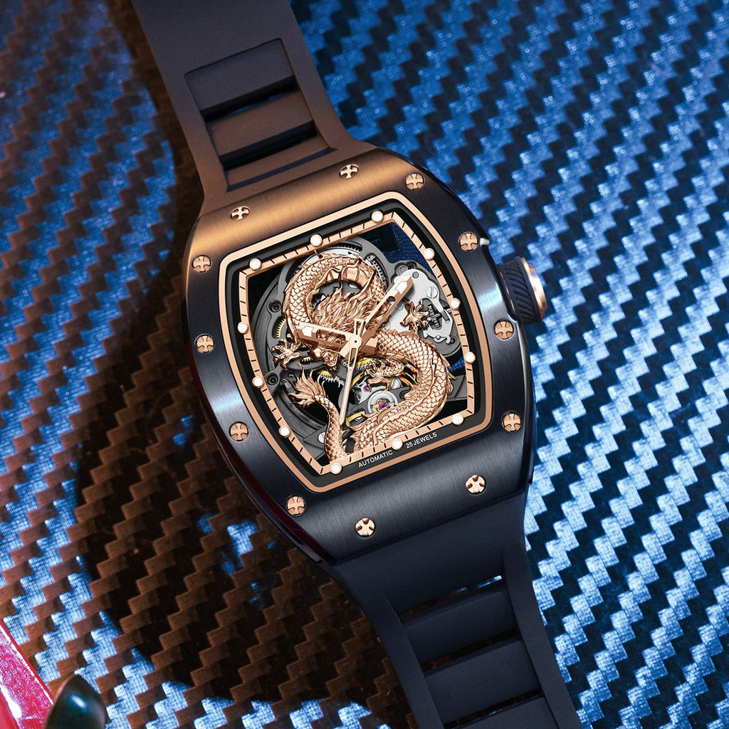 Mechanical Watch for Men | 3D Sculpted Dragon Premium Brushed Steel Tonneau Case, 25 Jewels Automatic Skeleton Movement