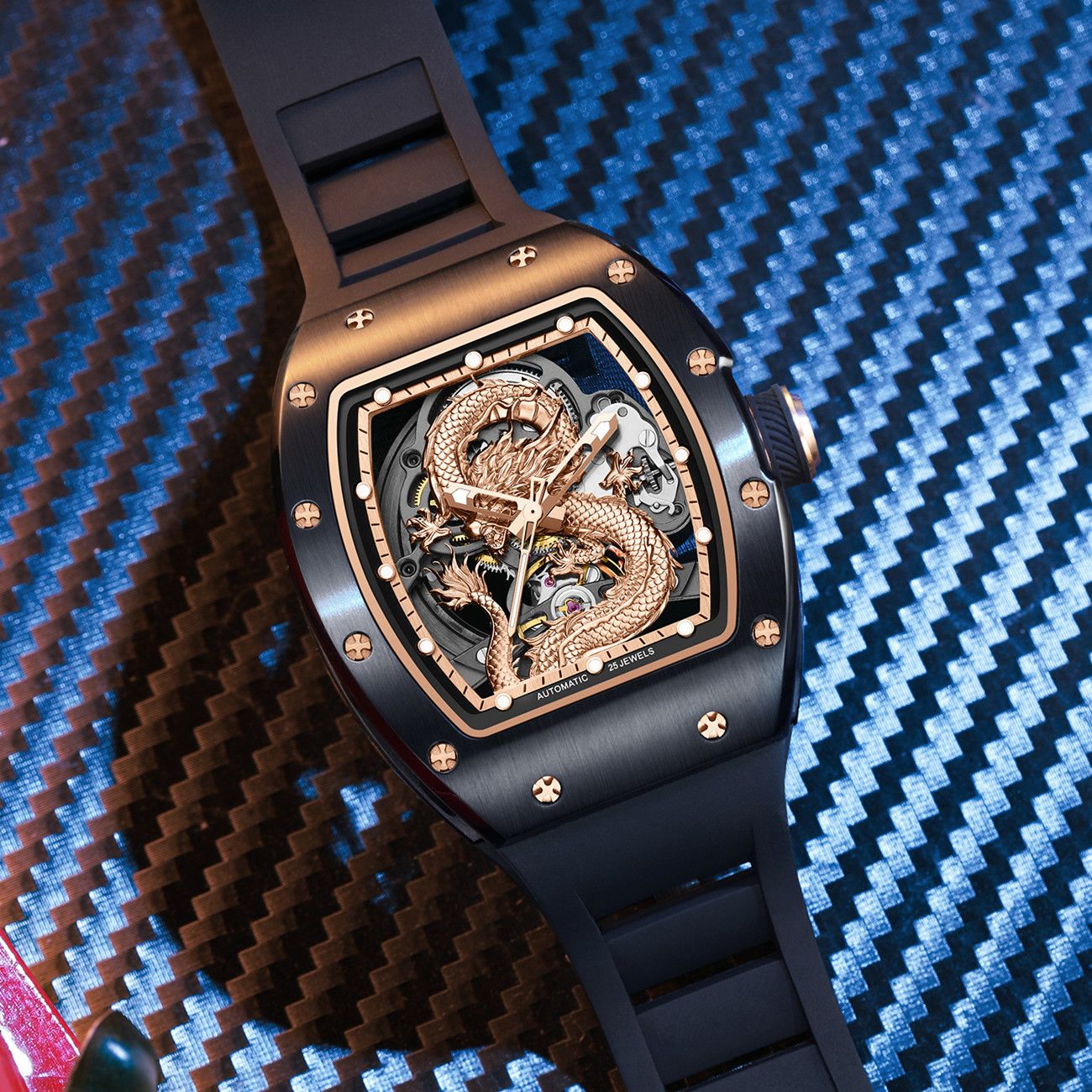 Mechanical Watch for Men | 3D Sculpted Dragon Premium Brushed Steel Tonneau Case, 25 Jewels Automatic Skeleton Movement