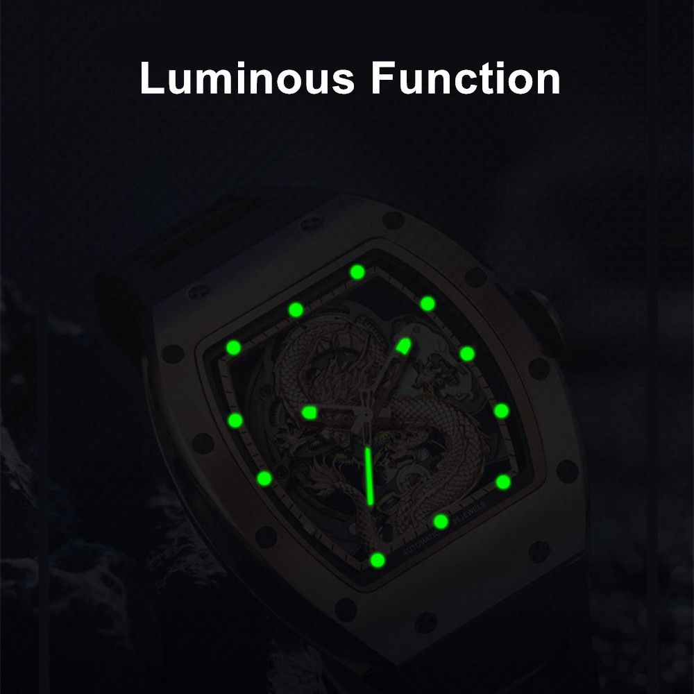 Mechanical Watch for Men | 3D Sculpted Dragon Premium Brushed Steel Tonneau Case, 25 Jewels Automatic Skeleton Movement