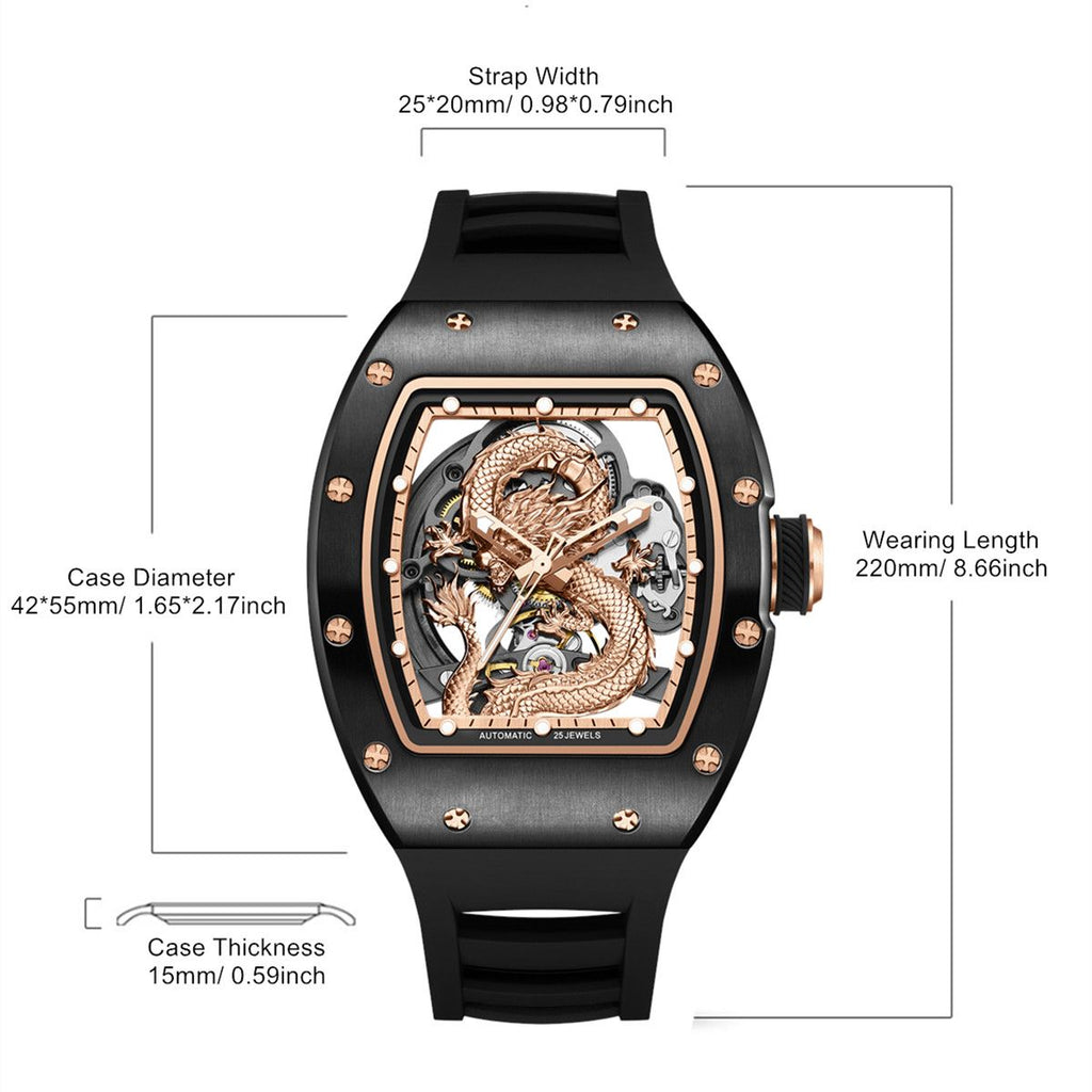 Mechanical Watch for Men | 3D Sculpted Dragon Premium Brushed Steel Tonneau Case, 25 Jewels Automatic Skeleton Movement