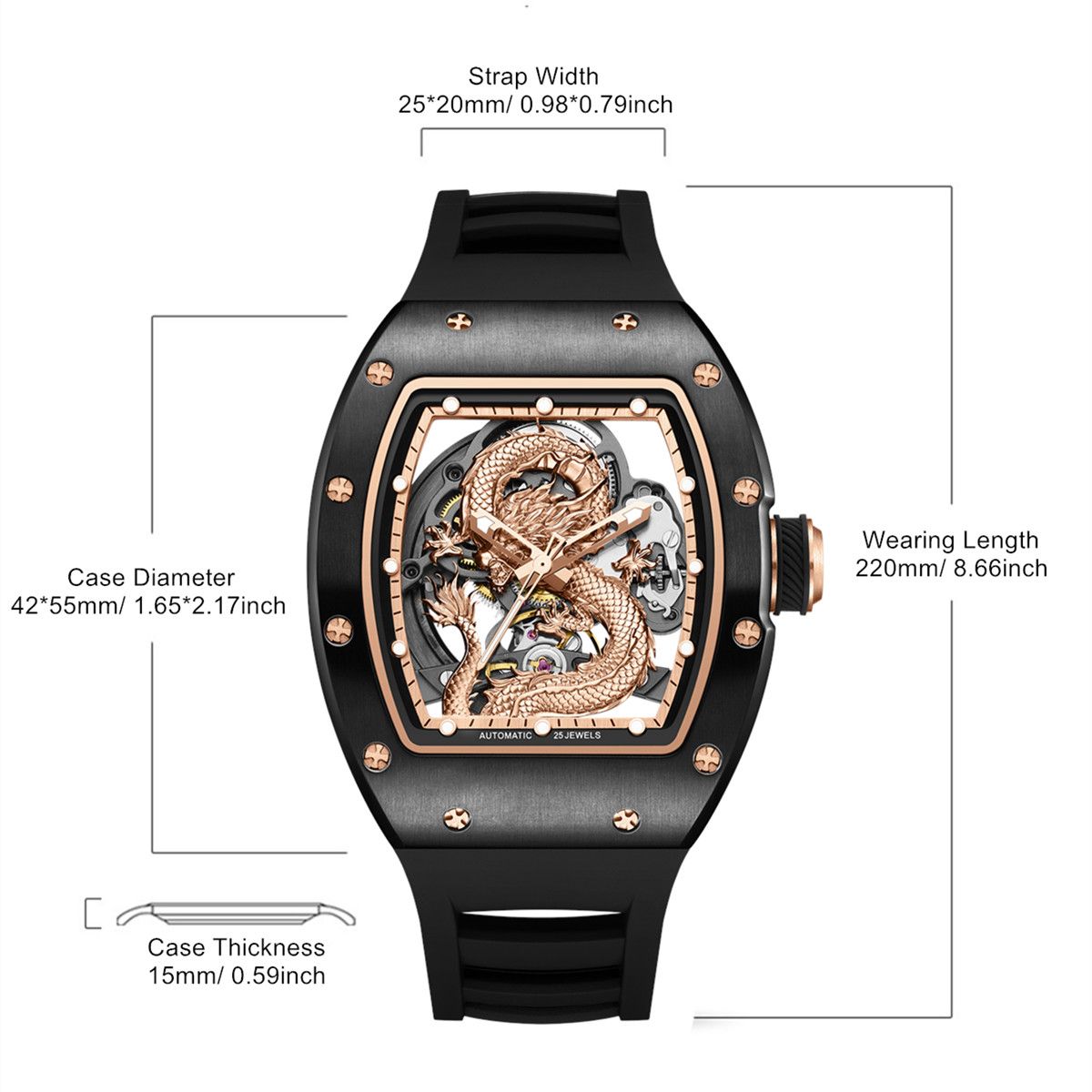 Mechanical Watch for Men | 3D Sculpted Dragon Premium Brushed Steel Tonneau Case, 25 Jewels Automatic Skeleton Movement