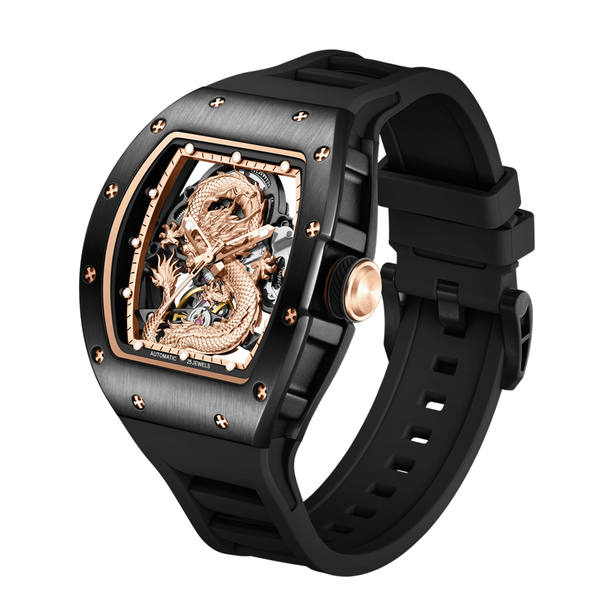 Mechanical Watch for Men | 3D Sculpted Dragon Premium Brushed Steel Tonneau Case, 25 Jewels Automatic Skeleton Movement