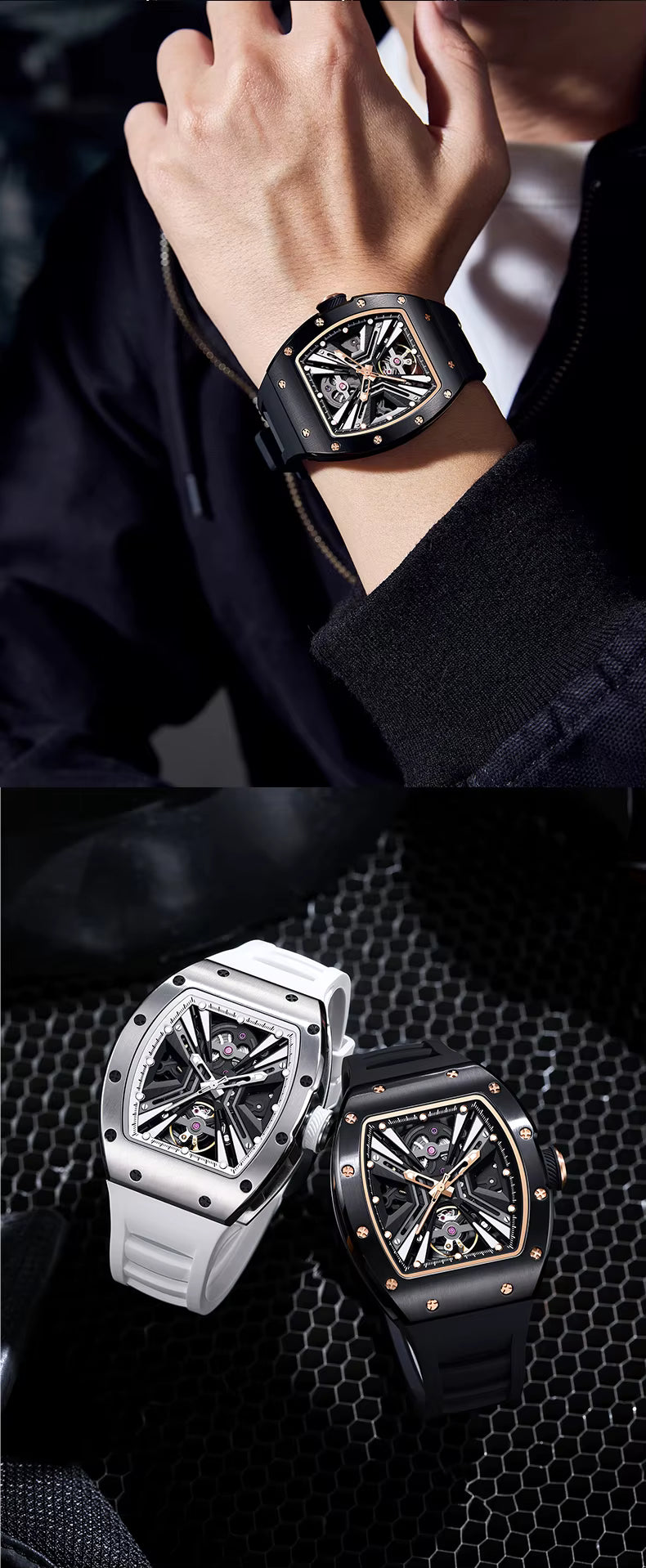 Tonneau Automatic Skeleton Watch for Men | Transparent Back Mechanical Wristwatch with Silicone Strap