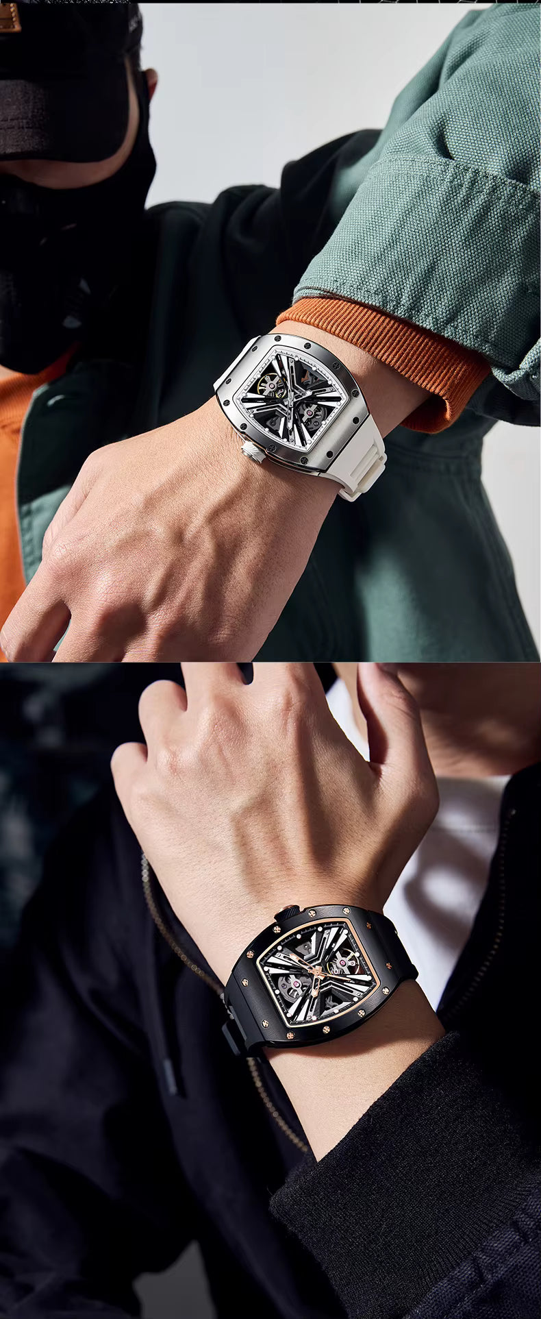 Tonneau Automatic Skeleton Watch for Men | Transparent Back Mechanical Wristwatch with Silicone Strap