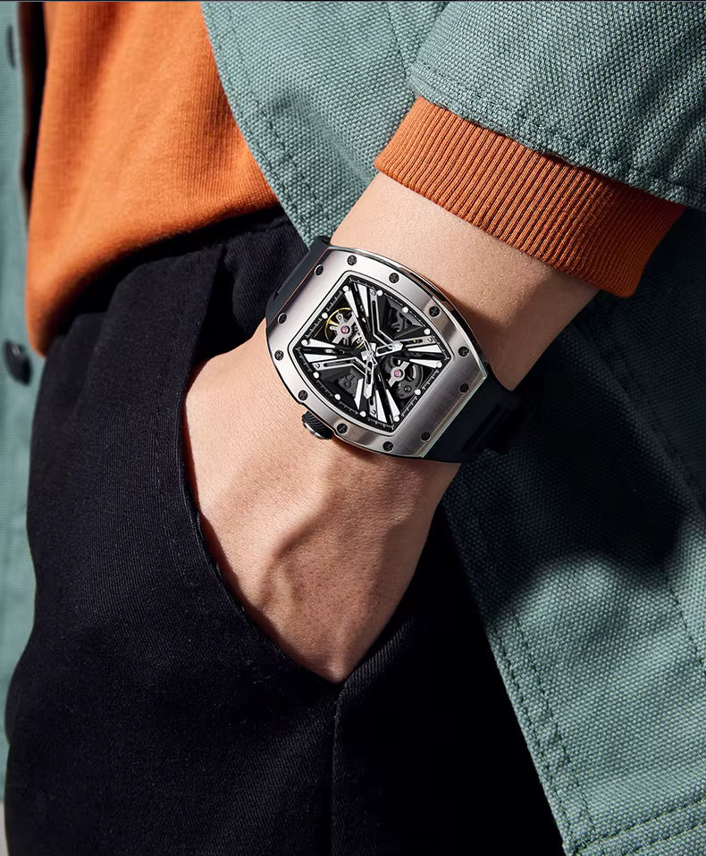 Tonneau Automatic Skeleton Watch for Men | Transparent Back Mechanical Wristwatch with Silicone Strap