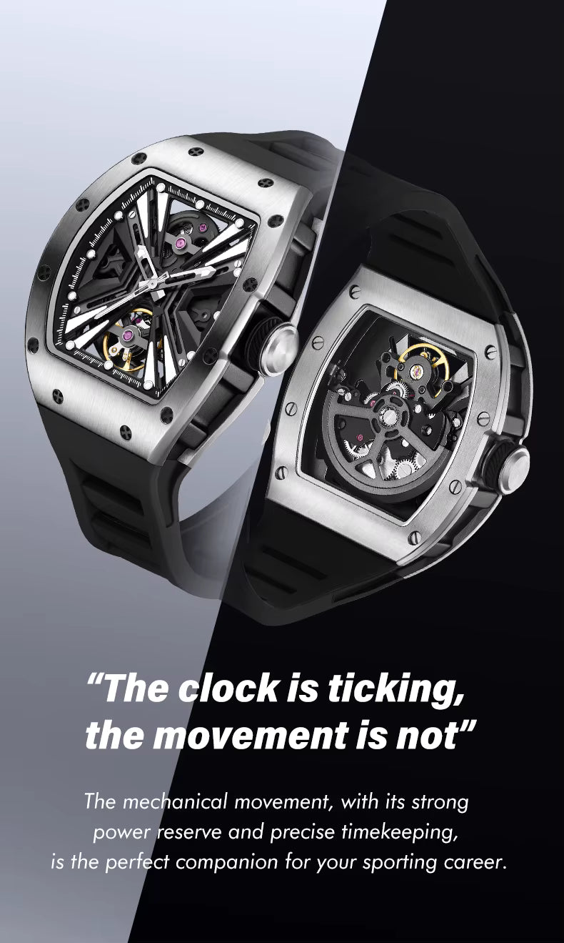 Tonneau Automatic Skeleton Watch for Men | Transparent Back Mechanical Wristwatch with Silicone Strap