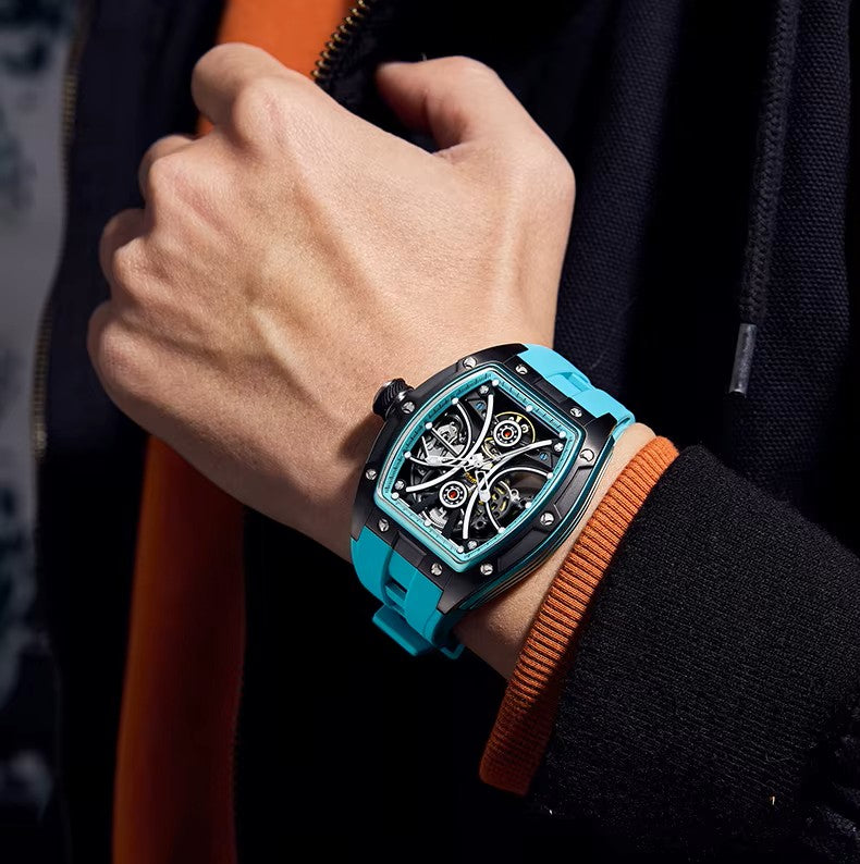 Men's Automatic Tonneau Sport Watch - Tactical Orange & Blue Forged Style Skeleton Timepiece