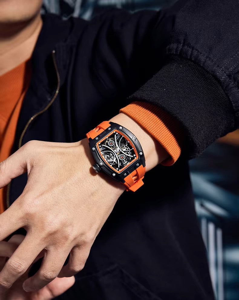 Men's Automatic Tonneau Sport Watch - Tactical Orange & Blue Forged Style Skeleton Timepiece