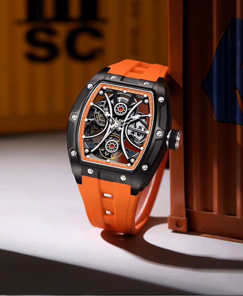 Men's Automatic Tonneau Sport Watch - Tactical Orange & Blue Forged Style Skeleton Timepiece