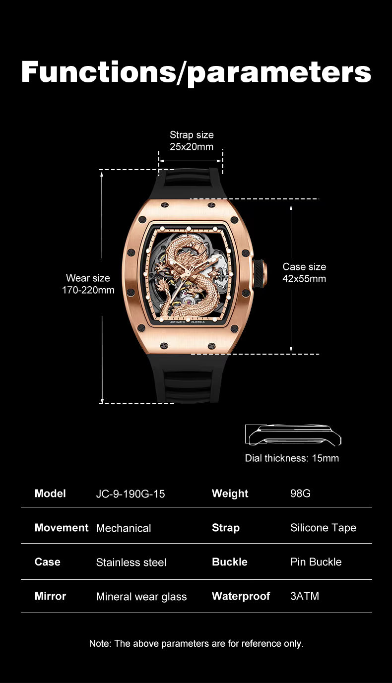 Mechanical Watch for Men | 3D Sculpted Dragon Premium Brushed Steel Tonneau Case, 25 Jewels Automatic Skeleton Movement