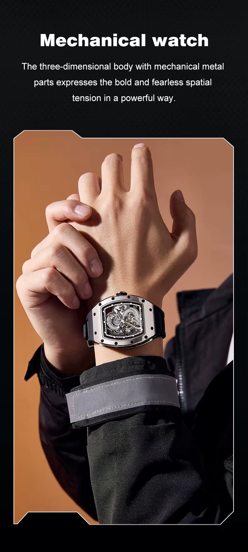 Mechanical Watch for Men | 3D Sculpted Dragon Premium Brushed Steel Tonneau Case, 25 Jewels Automatic Skeleton Movement