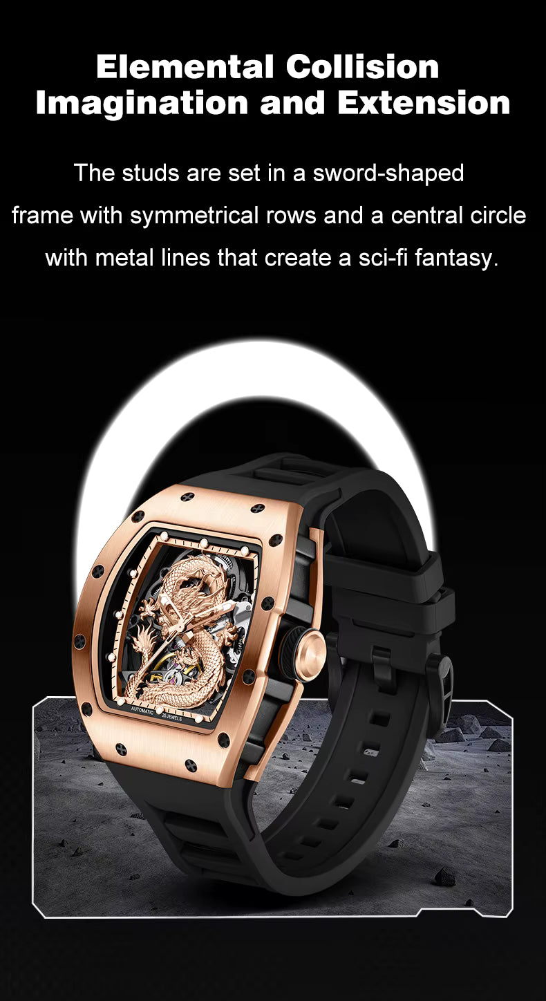 Mechanical Watch for Men | 3D Sculpted Dragon Premium Brushed Steel Tonneau Case, 25 Jewels Automatic Skeleton Movement