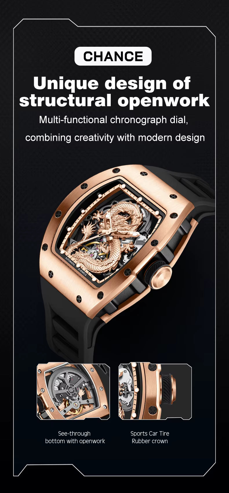 Mechanical Watch for Men | 3D Sculpted Dragon Premium Brushed Steel Tonneau Case, 25 Jewels Automatic Skeleton Movement
