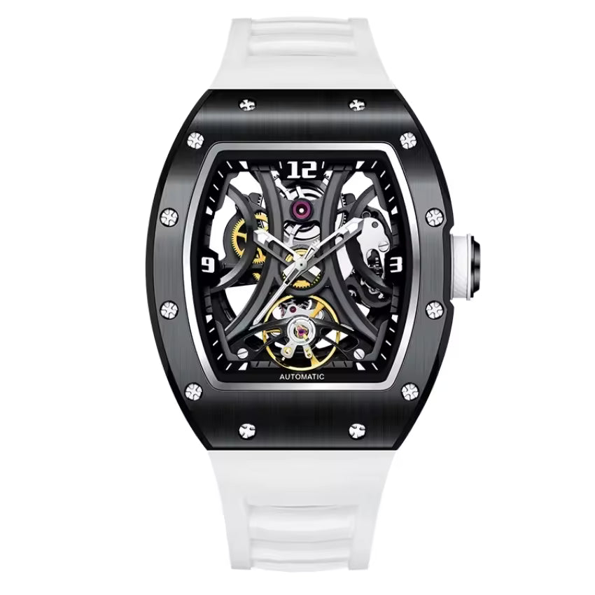 Tonneau Automatic Skeleton Watch for Men | Transparent Back Mechanical Wristwatch with Silicone Strap
