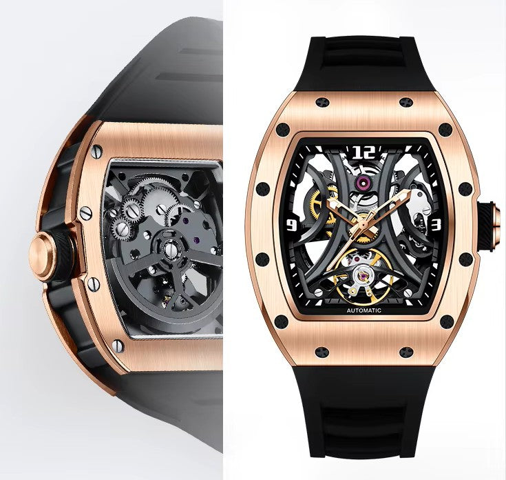 Tonneau Automatic Skeleton Watch for Men | Transparent Back Mechanical Wristwatch with Silicone Strap