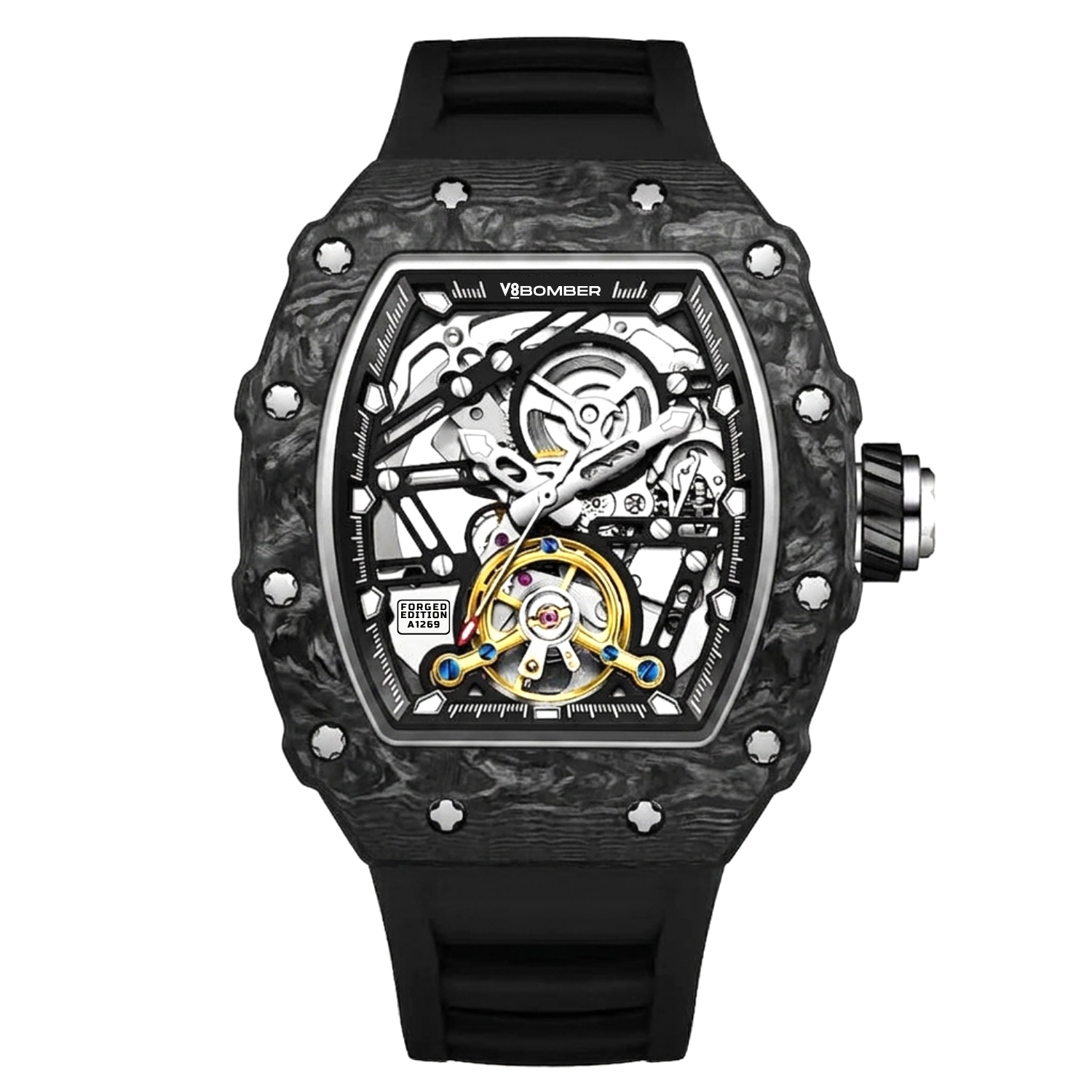 V8 BOMBER Skeleton Automatic Watch for Men | Forged Carbon Fiber Tonneau Case, Open-Heart Automatic Movement, Tactical Rubber Strap